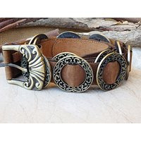 Brown Leather Boho Belt Brass Buckle, Circle Ornaments | Etsy (US)