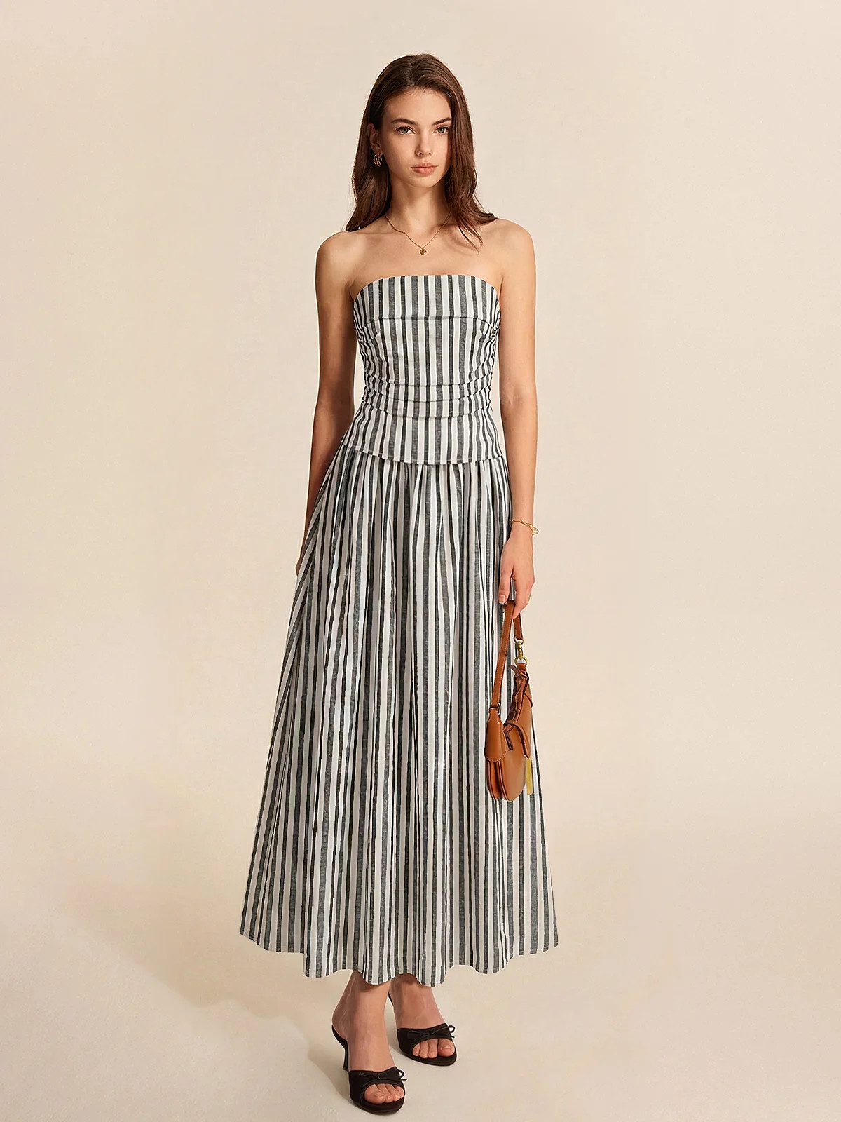 Striped Strapless Cotton Linen Ruched Dress | Commense