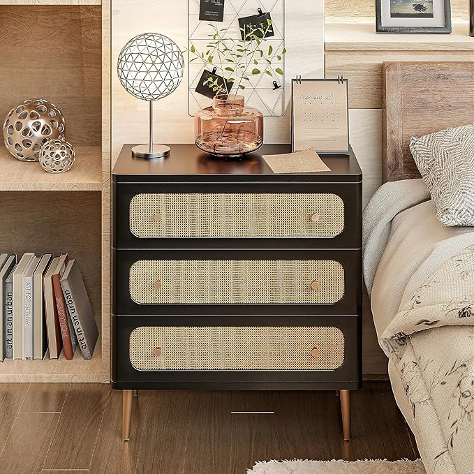 LONYKE Wicker Rattan Chest of Drawers, 3-Drawer Dresser, Black Finish Wooden Storage Cabinet, Mod... | Amazon (US)