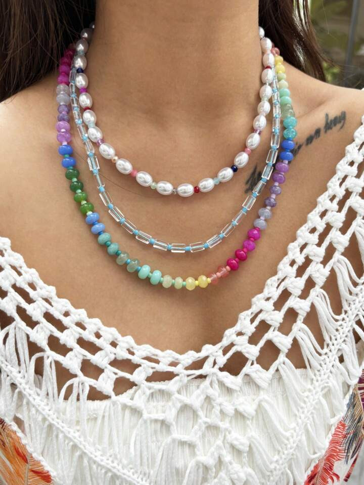 Bohemian Handmade Rainbow Natural Stone Crystal Beaded Faux Pearl Necklace | SHEIN