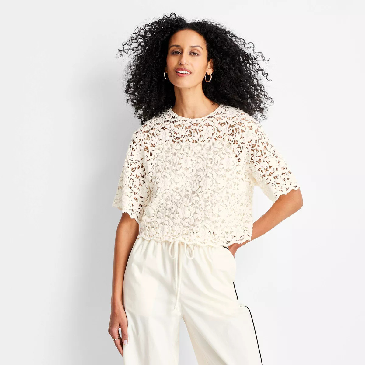 Women's Short Sleeve Lace T-Shirt - Future Collective Cream | Target
