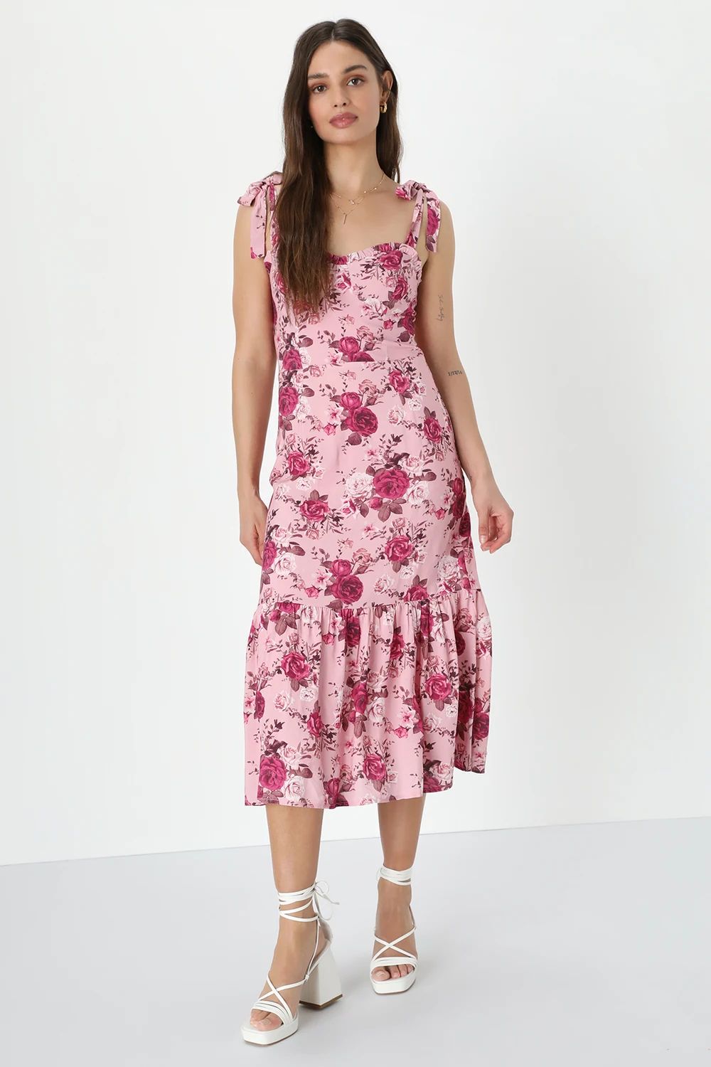 Confident Charm Pink Floral Bustier Tie-Strap Midi Dress | Lulus (US)