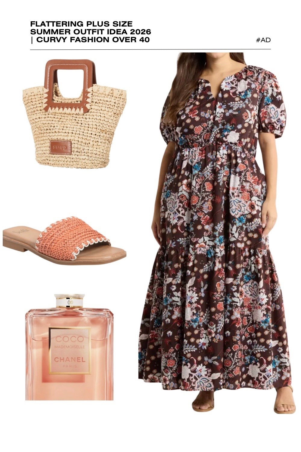 Looking for an elegant and flattering plus size summer outfit for 2026? This dark brown floral tiered maxi dress is a beautiful choice for curvy fashion over 40. Featuring a split V-neckline, short puff sleeves, and a flowy tiered skirt, this dress offers a sophisticated silhouette that transitions perfectly from a summer garden party to an outdoor dinner.
We’ve styled this boho-chic floral dress with a structured straw tote featuring leather handles and textured coral woven slide sandals for a pop of seasonal color. The ensemble is completed with the timeless, elegant scent of Chanel Coco Mademoiselle. Discover how to style rich botanical prints for curvy figures this season. #PlusSizeFashion #FloralMaxiDress #SummerOutfits2026 #ChanelCocoMademoiselle #CurvyStyle #BohoLuxe #SummerGardenParty