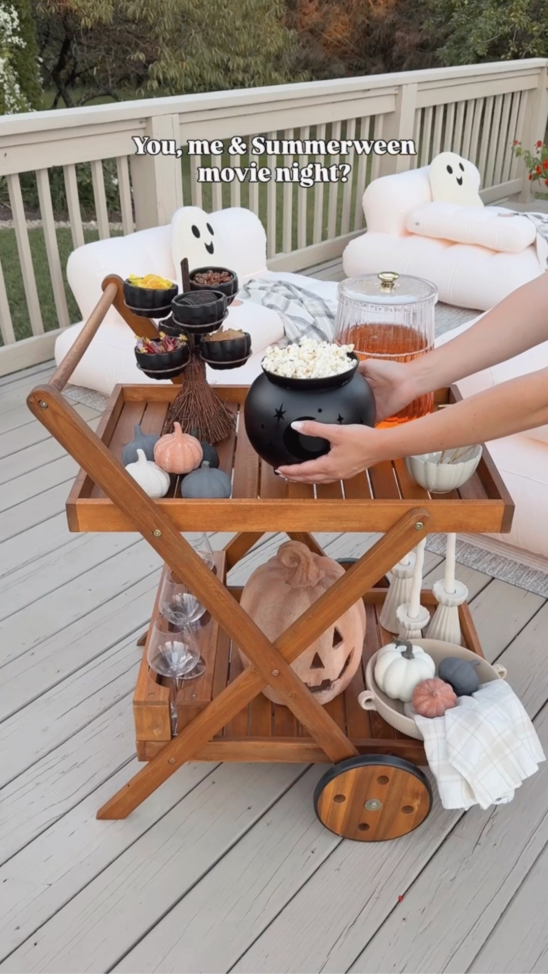 I love summer, but it’s always Halloween in my soul. 🎃 Cozy up for a spooky Summerween watch party this year with inflatable chairs that double as pool floats!! 

More Summerween decorating ideas:
🍿Turn a potting bench into a beverage cart.
🔥 Set the mood with mini fire pits.
📺 Grab my mini projector and easy projector screen for an instant outdoor movie night. 
🧺 Don’t forget the blankets and pillows!