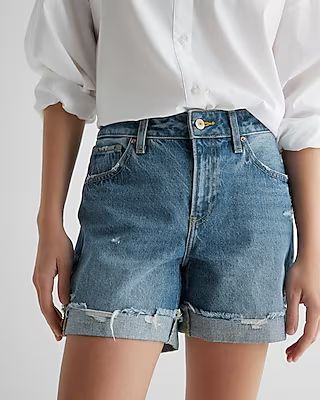 Mid Rise Medium Wash Midi Jean Shorts | Express