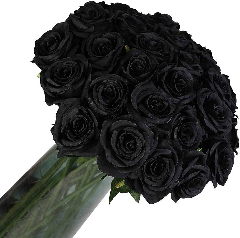 Laelfe 12 PCS Artificial Flowers Roses - Black Halloween Flowers, Fake Silk Flower Long Stem Arti... | Amazon (US)