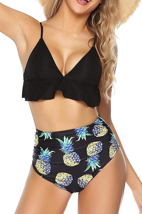 Women High Waisted Swimsuit Flounce Swimwear Racerback Vintage Two Piece Bikini | Amazon (US)