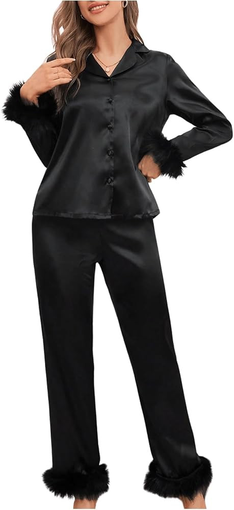 Verdusa Women's Fuzzy Fur Trim Satin Pajama Set Button Down Long Sleeve Shirt with Pants | Amazon (US)