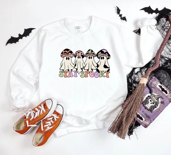 Stay Spooky Vibey Mushroom Ghostys Halloween Crewneck Sweatshirt | Etsy (US)