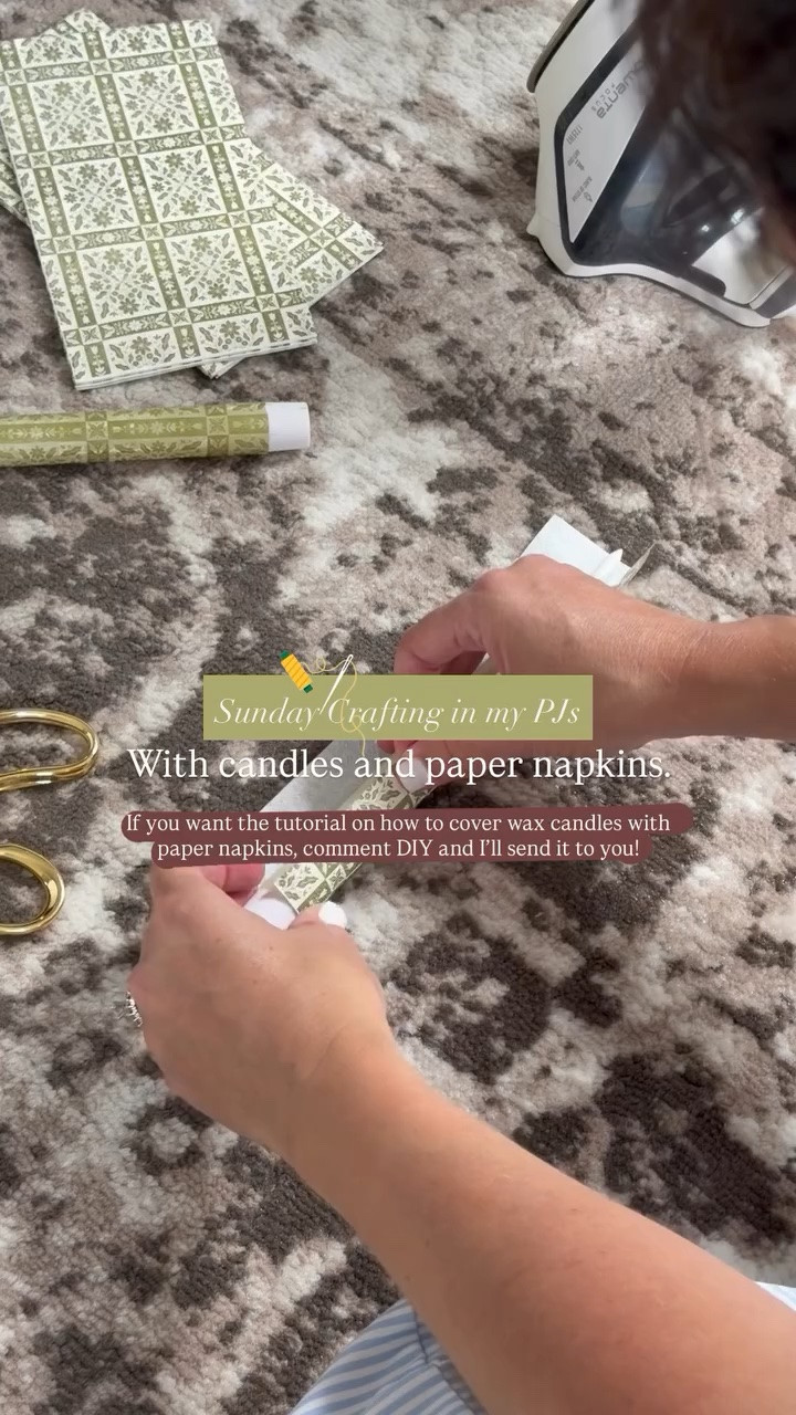 Sunday Crafting in my PJs With candles and paper napkins. If you want the tutorial on how to cover wax candles with paper napkins, comment DIY and I’ll send it to you!