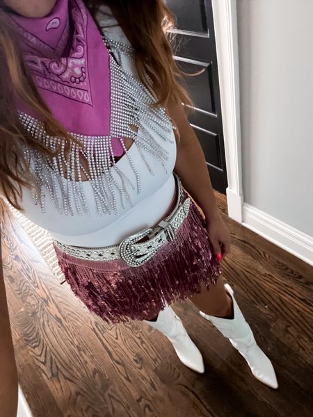 Nashville Barbie, fringe skirt, white boots, western boots, fringe bandana, pink skirt, body suit, rhinestone belt, western belt, country concert

#LTKshoecrush #LTKsalealert #LTKstyletip