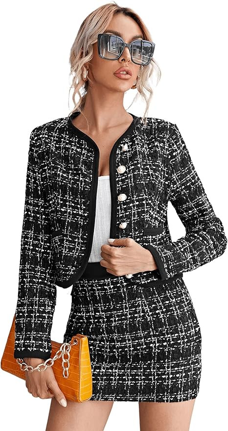 SweatyRocks Women's Business Suit 2 Pieces Tweed Blazer Jacket Coat and Skirt Set | Amazon (US)