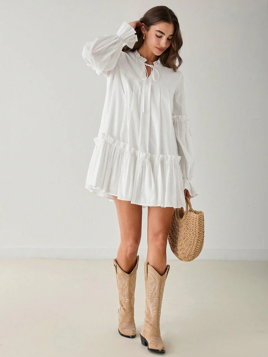 Enchnt Spring/Summer Romantic Women's Vacation Cute Sweetheart Casual White Ruffle Hem Dress,Swee... | SHEIN