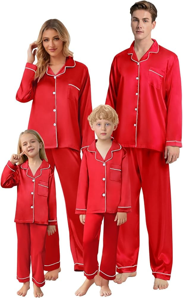 Schbbbta Christmas Family Silk Pajamas Matching Sets Long Sleeve Pj Set Satin Button Down Holiday... | Amazon (US)