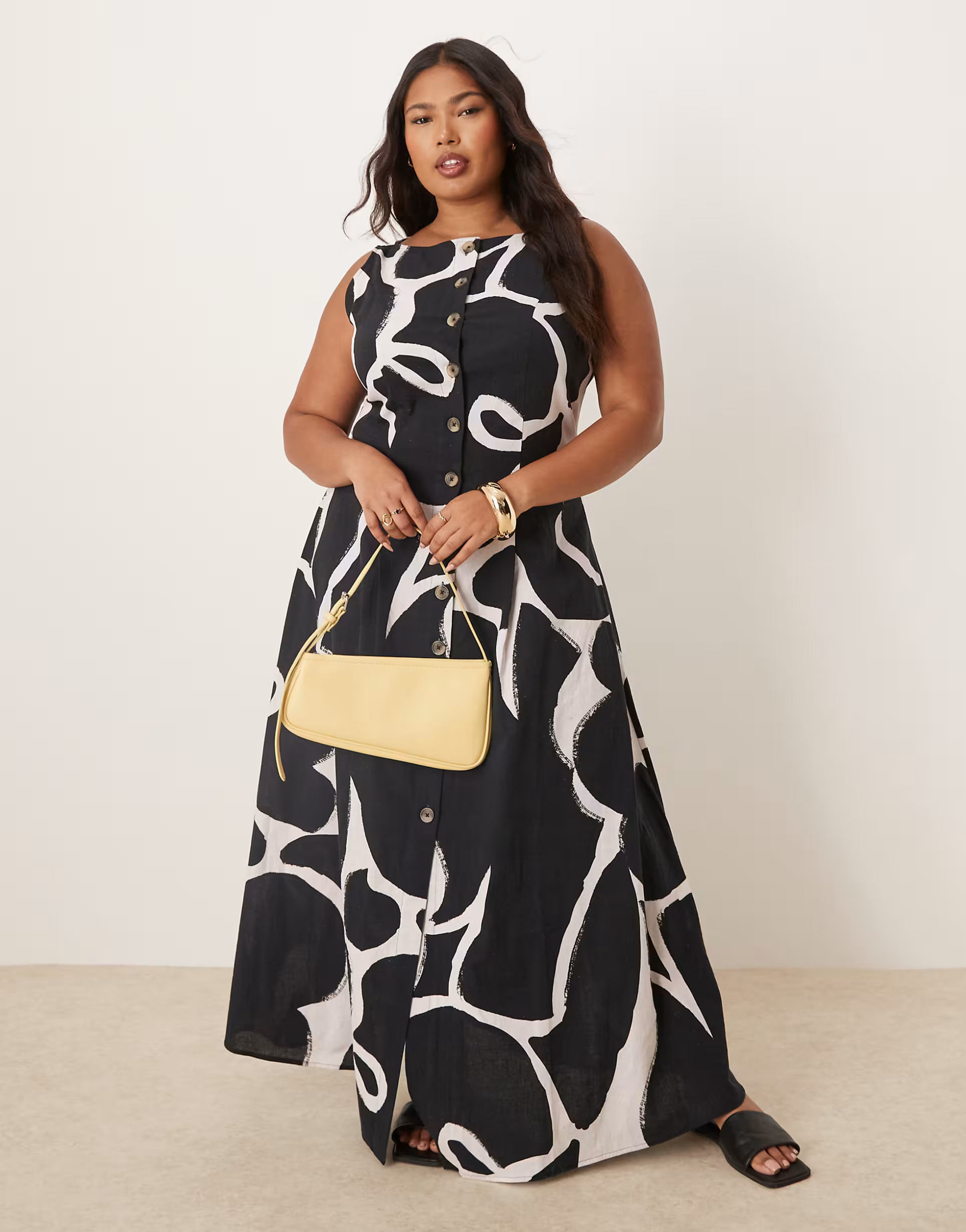 ASOS DESIGN Curve slash neck button down waistcoat maxi dress in black abstract print | ASOS (Global)