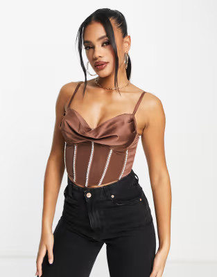 ASOS DESIGN stretch satin corset with diamante trim in chocolate | ASOS (Global)