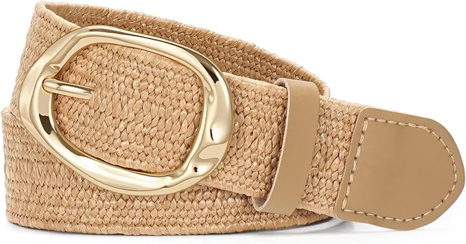 SUOSDEY Women Straw Woven Elastic Belt for Dresses,Boho Rattan Braided Stretch Ladies Waist Belt ... | Amazon (US)
