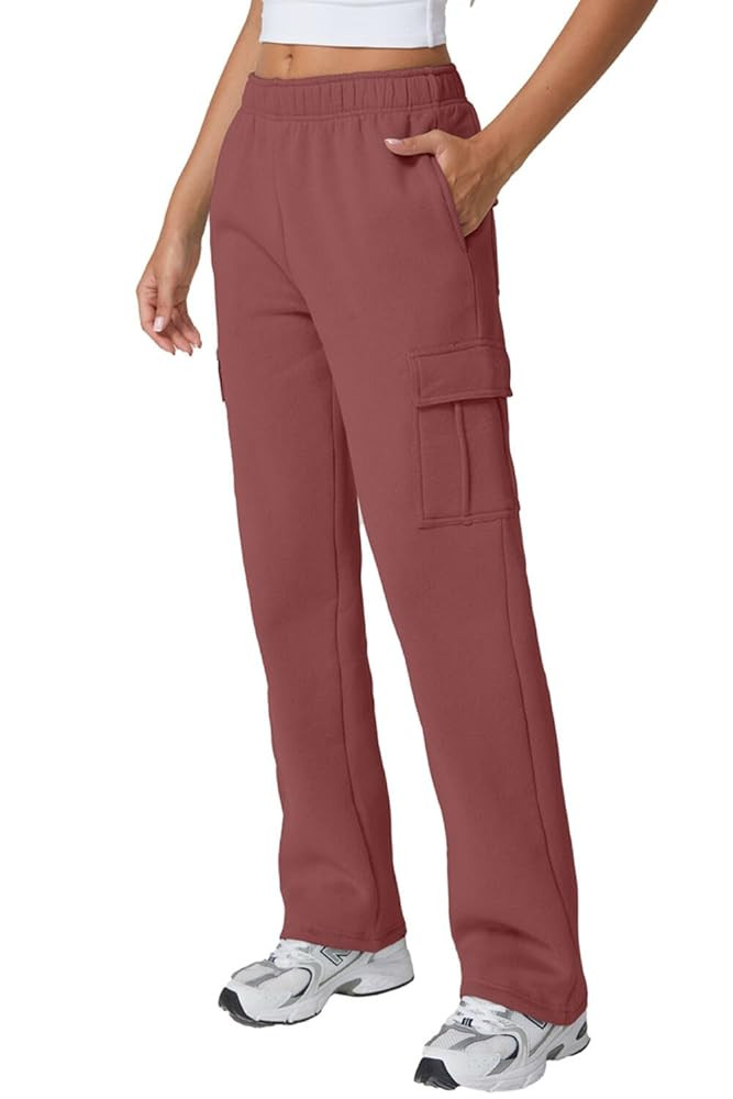 QINSEN Womens Medium Waist Baggy Elastic Waist Sweatpants Casual Fleece Long Pants with Pockets | Amazon (US)