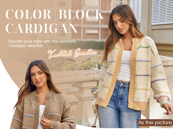 Saodimallsu Womens Color Block Cardigan Sweater Striped Open Front 2024 Fall Chunky Trendy Knit Loose Sweater Coats White | Amazon (US)