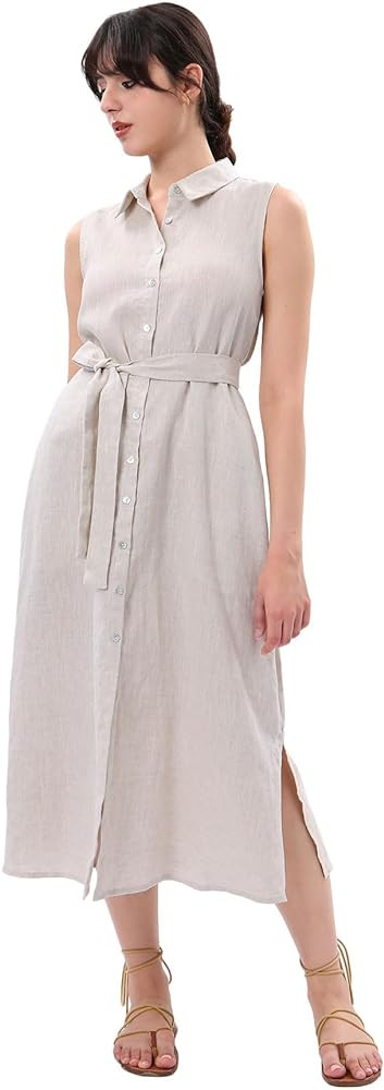 Amazhiyu Womens Pure Linen Summer Button Down Midi Dresses with Pockets and Belt | Amazon (US)