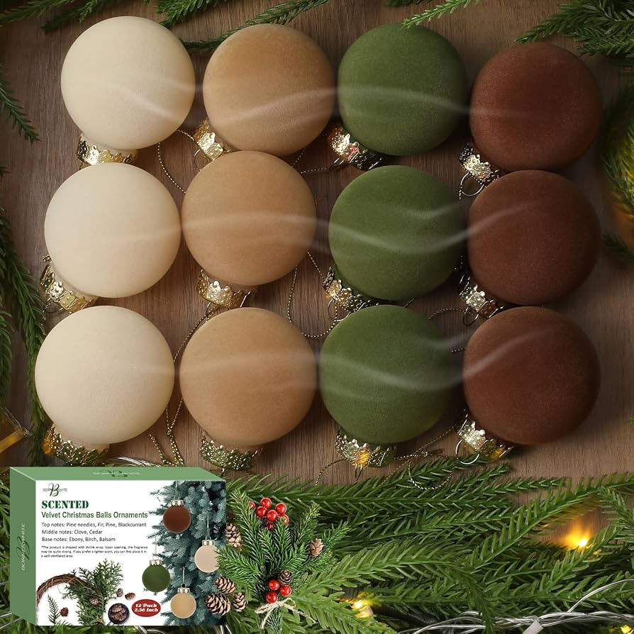 12 PCS Scented Velvet Christmas Balls Winter Fir Scent Velvet Christmas Tree Ball Ornaments Flock... | Amazon (US)