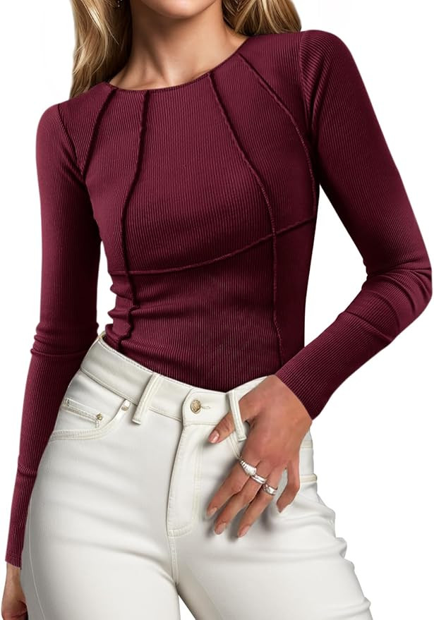 Lueluoye Women's Long Sleeve Shirts 2024 Slim Fit Crew Neck Fall Clothes Exposed Seams Ribbed Bas... | Amazon (US)