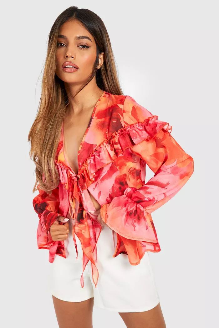 Bloom Floral Ruffle Tie Detail Blouse | Boohoo.com (UK & IE)