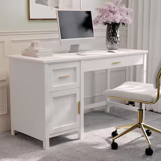 54 in. Rectangle White/Polished Brass Engineered Wood 2-Drawers Computer Desk | The Home Depot