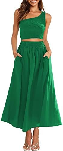 ANRABESS Women's 2 Pieces Outfits One Shoulder Smocked Crop Top & High Waist Long Skirt Dress Set... | Amazon (US)