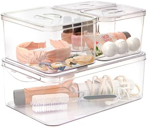 Small Clear Plastic Storage Bins Containers with Lids by Swissco | Set of 4 Boxes with Tops | Bathro | Amazon (US)