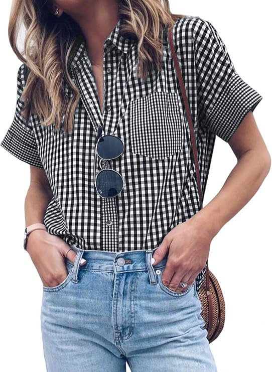 HOTAPEI Womens Summer Blouses Casual V Neck Stripe Short Sleeve Button Down Shirts Tops | Amazon (US)