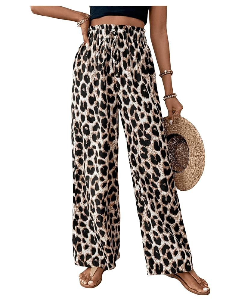 Floerns Women's Leopard Print Straight Leg Pants Loose Drawstring Waist Trousers | Amazon (US)