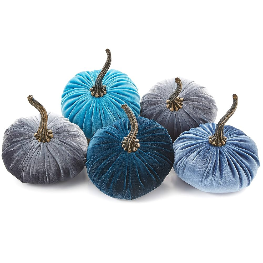 Small Velvet Pumpkins Set of 5 Includes Aqua Slate Teal and 2 Gray, Handmade Home Decor, Holiday ... | Amazon (US)