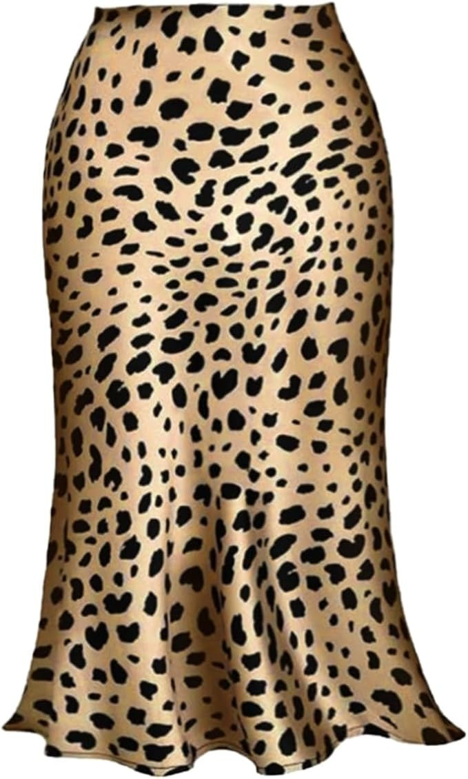Ladies Leopard Print Skirt High Waist Elastic Silk Satin Midi Skirt Spring Casual Mid-Length Chee... | Amazon (US)