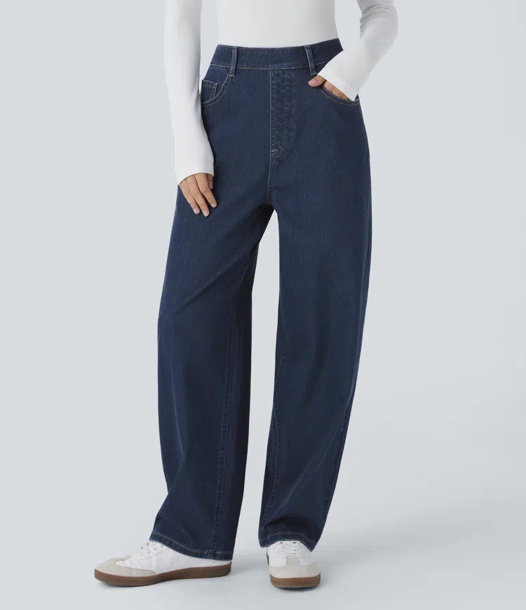 Women’s Halara Flex™ High Waisted Multiple Pockets Washed Stretchy Knit Casual Baggy Jeans - ... | HALARA