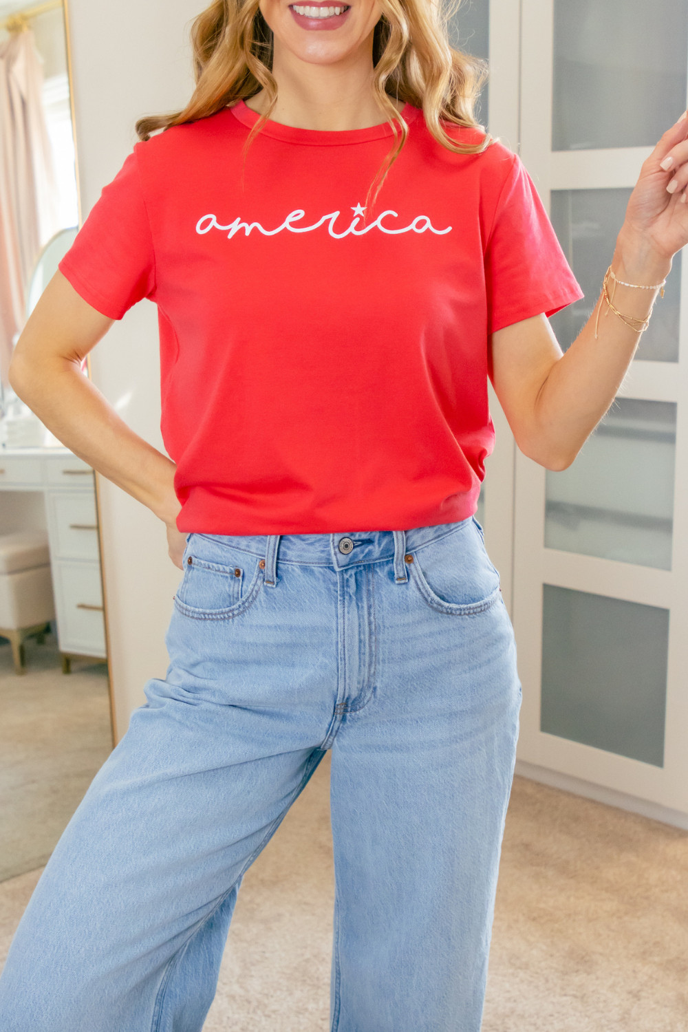 Feeling patriotic and stylish in this cute 4th of July tee! It would be perfect for Memorial Day too. I paired it with some wide leg jeans for a laid back look. 
>>>I'm in a size medium in the tee.
Happy Memorial Day! 🇺🇸
 

 #LTKootd #LTKSeasonal #LTKOver40