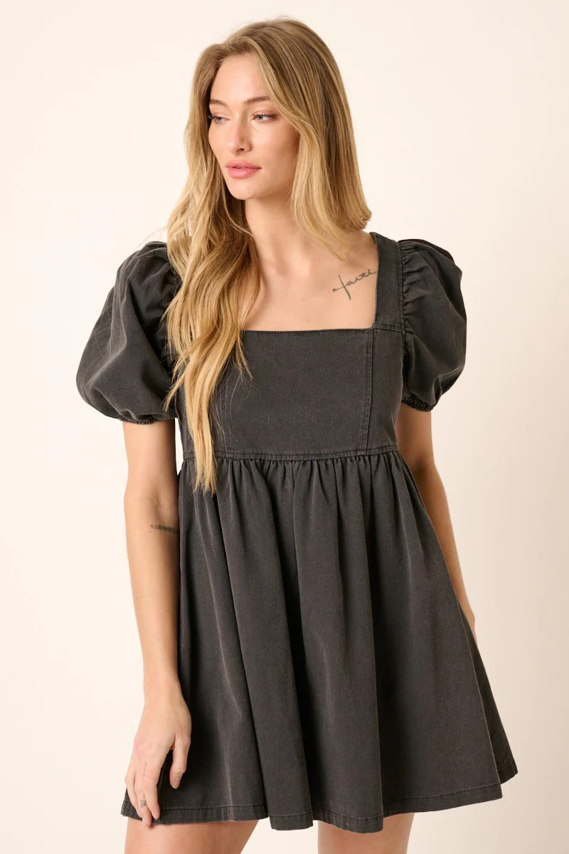 Black Washed Denim Puff Sleeve Babydoll Dress | PinkBlush Maternity