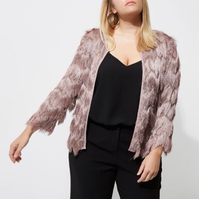Plus pink three quarter sleeve fringe jacket | River Island (UK & IE)