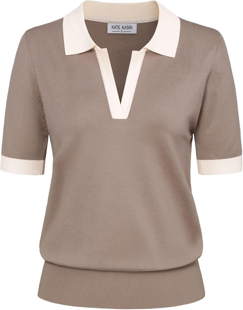 Kate Kasin Women Short Sleeve Polo Sweater V Neck Knitted Tops Casual Ribbed Shirt Loose Pullover... | Amazon (US)