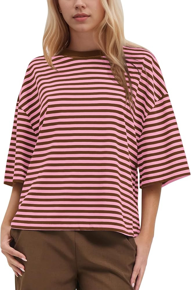 Women Striped Oversized T Shirt Color Block Short Sleeve Boxy Tee Y2k Summer Crew Neck Casual Loo... | Amazon (US)