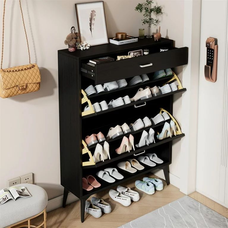 Shoe Cabinet with 2 Flip Drawers and Open Shelf,Free Standing Shoe Racks Storage Cabinet with Met... | Walmart (US)