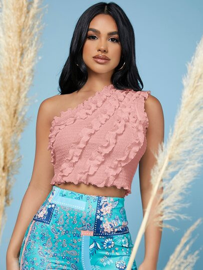 SHEIN One Shoulder Frill Trim Shirred Top | SHEIN