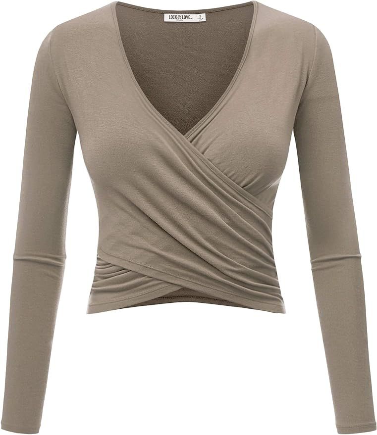 Lock and Love Women's Premium Short/Long Sleeve Deep V Neck Slim fit Cross Wrap Crop top Shirt-Ma... | Amazon (US)