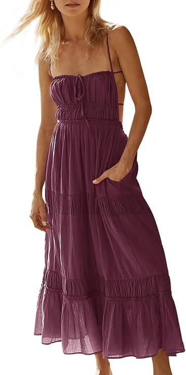 Wenrine Womens Summer Beach Dresses Backless Spaghetti Straps Self Tie Tiered Flowy Casual Maxi D... | Amazon (US)