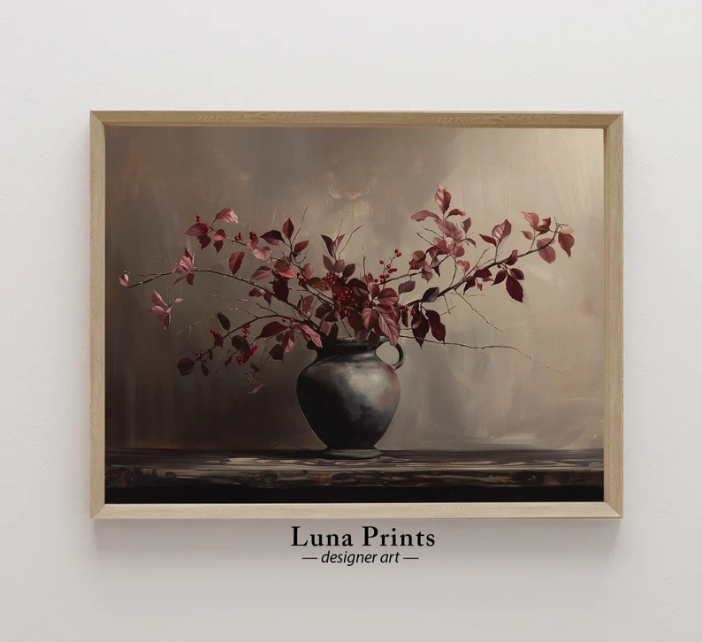 Burgundy Stems Painting, PRINTABLE ART, Moody Floral Art, Vintage Fall Artwork | Etsy (US)