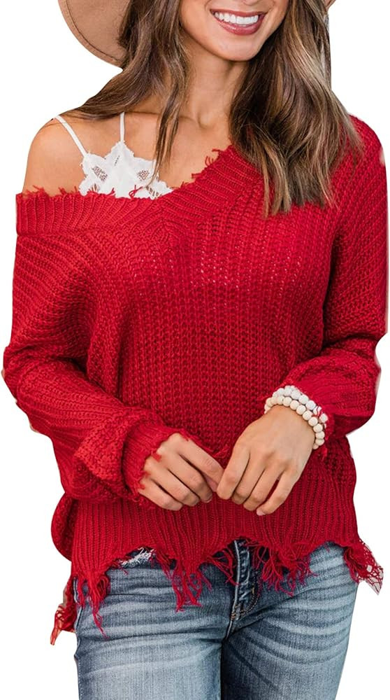 LEANI Women's Loose Knitted Sweater Long Sleeve V-Neck Ripped Pullover Sweaters Crop Top Knit Jumper | Amazon (US)