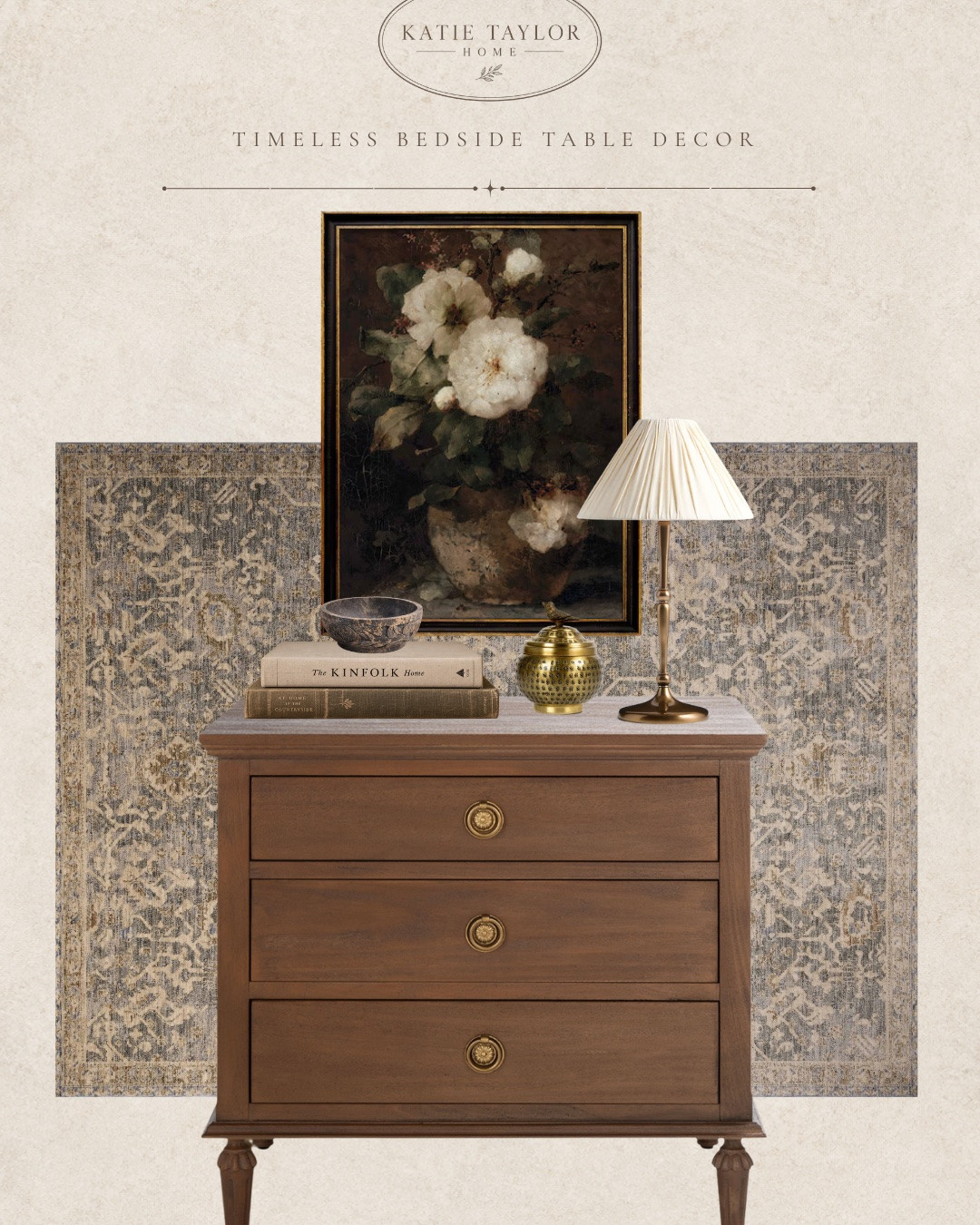 This little bedside moment is exactly why I love putting together curated shopping guides. None of these pieces are especially loud on their own, but together they give a simple nightstand so much more character.

I started with a warm wood nightstand and layered in pieces that feel like they could have been collected over time—the pleated brass lamp, moody floral art, patterned bowl, little brass bird canister, vintage-inspired rug and a couple of books underneath. 

There’s a mix of finishes, pattern and age here, but because everything stays within that warm, muted palette, it still feels calm and really livable.

I also made a 3D room rendering to show how the pieces from this guide could actually look once they’re pulled into a bedroom, swipe to see that. I think that extra step makes it so much easier to picture the scale and see how a handful of smaller decor choices can completely change the feeling of a bedside area.

Everything is linked here, along with the exact or similar pieces I used to finish the room.

#LTKHome
