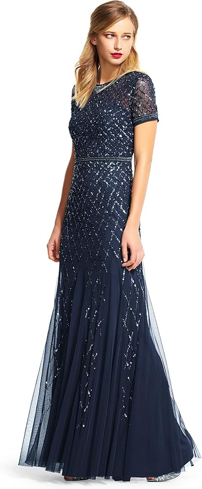 Adrianna Papell Women's Short-Sleeve Grid Beaded Gown | Amazon (US)