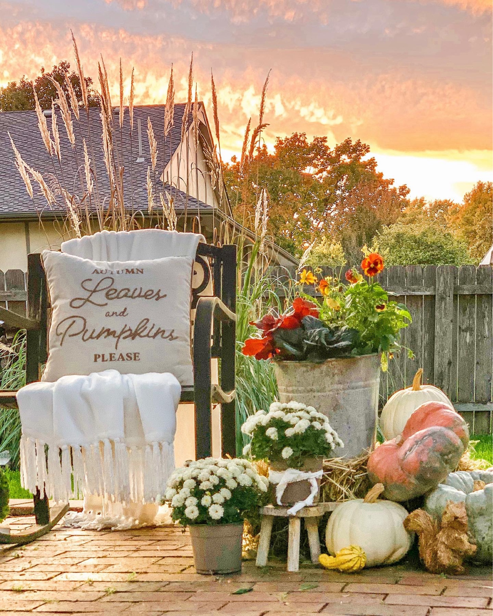 Curate a cozy feeling on your patio this fall. We’ve had this black patio furniture set for four years and it’s held up wonderfully. These adorable fall throw pillows are made for indoor use, but I like to style them outside from time to time. (I just make sure to bring them in at night.) 

Fall patio styling with fall throws and pillows, and outdoor pumpkins. 

outdoor decor, fall decorating, fall patio, pumpkins 


#LTKfamily #LTKSeasonal #LTKhome
