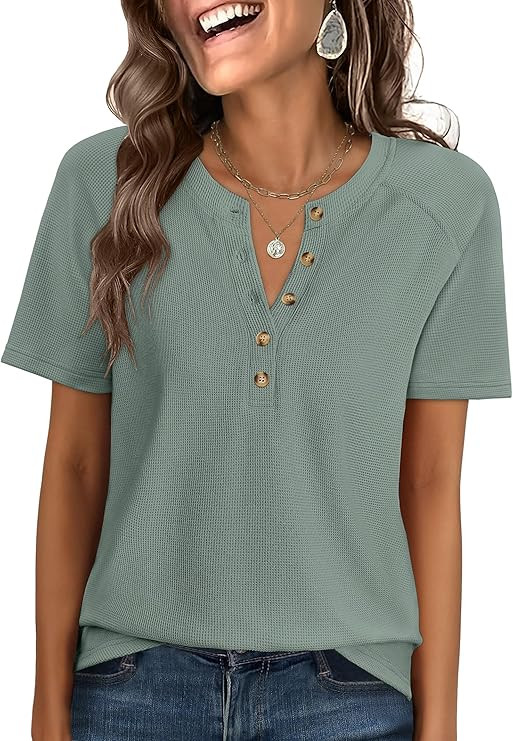 ANRABESS Women Waffle Knit Tops Short Sleeve Henley Shirts Dressy Casual Blouse 2026 Spring Fashi... | Amazon (US)
